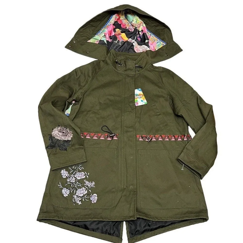 Desigual Jacket WMNS 6 Green Victorian Gothic Hooded‎ Manila Parka Floral Artsy